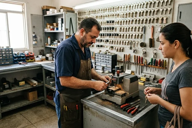 Chaveiro atendendo um cliente, com ferramentas e equipamentos de chaveiro visíveis.