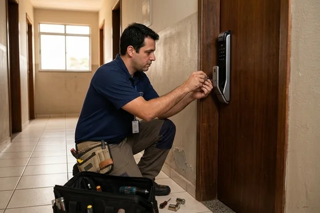 Fechadura digital em uma porta, mostrando o painel de controle e a instalação.